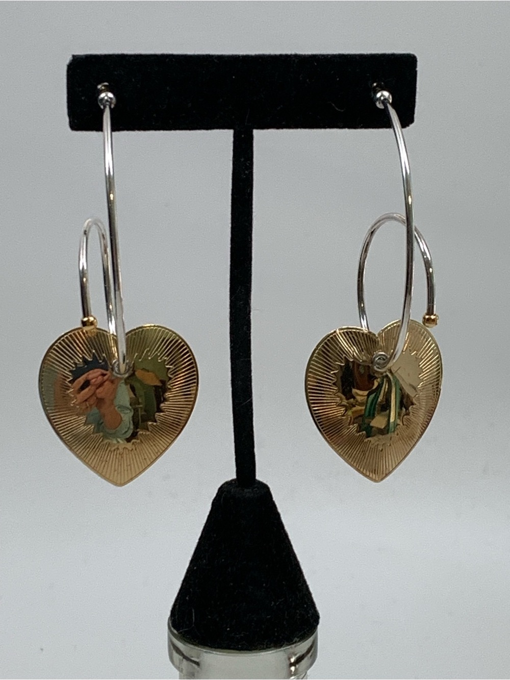 Gold Heart Drop Hoop Earrings with Engraved Charm
